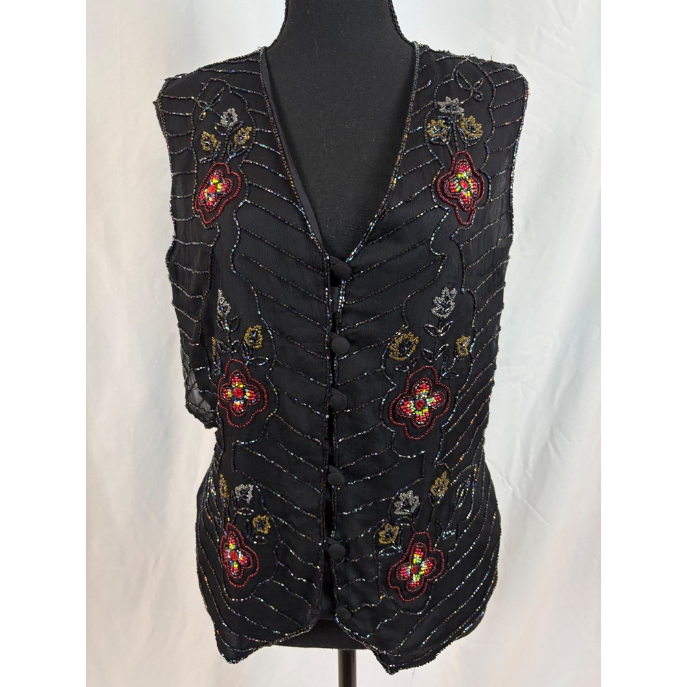 Your Destiny Vintage Black Silk Beaded Floral Vest Top Small Sleeveless 90s Boho